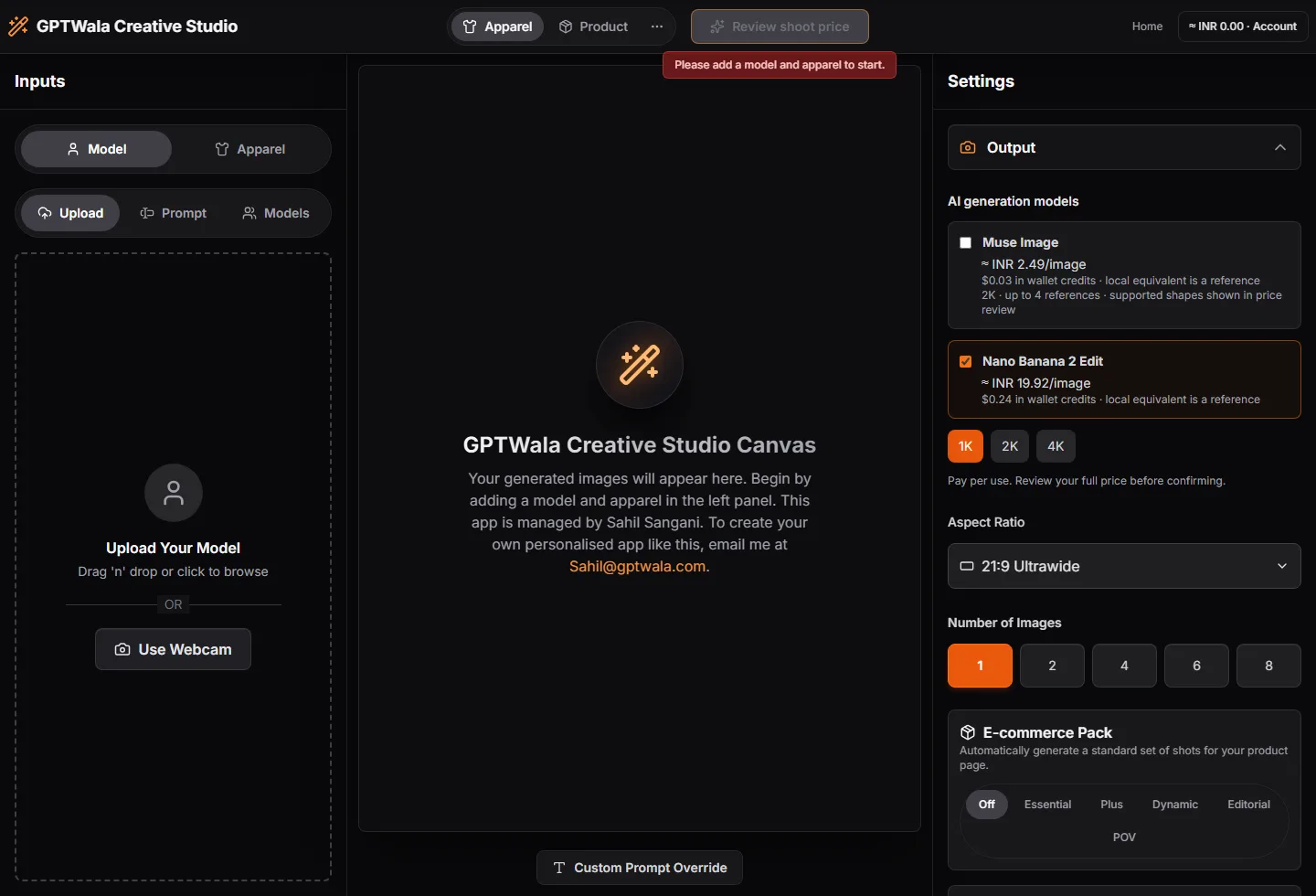Apparel Studio interface with garment reference inputs, creative workspace and shoot settings